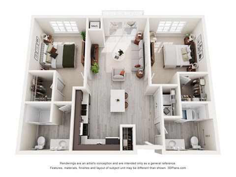 Floor plan for 2 beds, 2 baths, 998 sqft